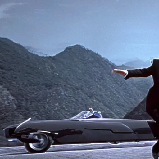 Prompt: man chased by a flying car, movie still of James bond, highly detailed