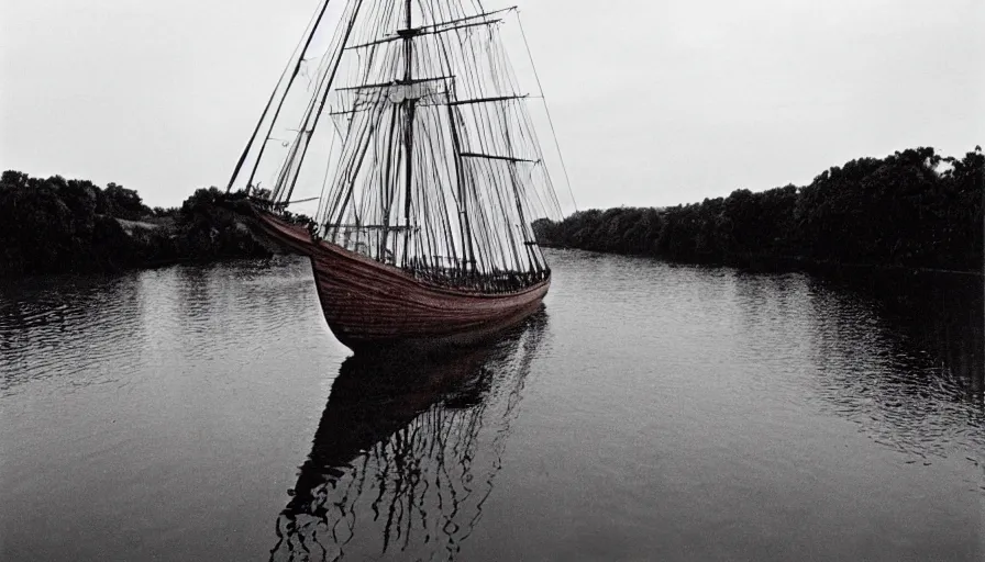 Prompt: 1 9 6 0 s movie still by tarkovsky of an elder socrates wearing dark drapery in a barque on a neoclassical waterway, cinestill 8 0 0 t 3 5 mm b & w, high quality, heavy grain, high detail, panoramic, ultra wide lens, cinematic composition, dramatic light, anamorphic, piranesi style