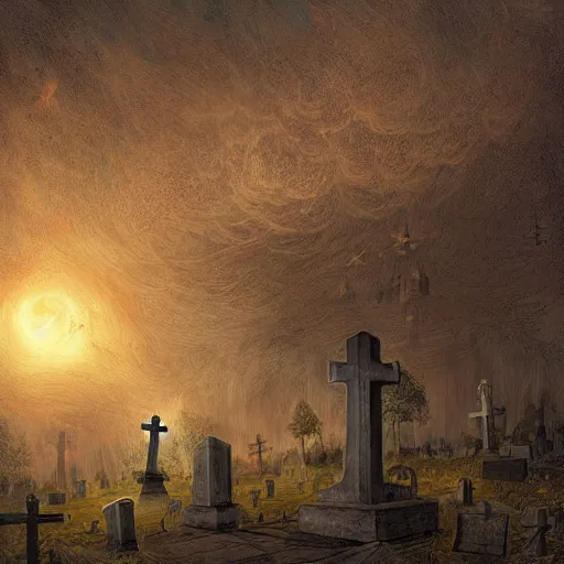 Prompt: a man floating in a cemetery at night, by Dan Seagrave and by Dan Witz, glossy digital painting, fantasycore