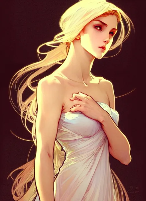 Image similar to digital character concept art by artgerm and greg rutkowski and alphonse mucha. clear portrait of a modern young wife blessed by god to uncontrollably become overwhelmingly perfect!! blonde, clothed! obviously feminine holy body!! light effect. hyper detailed, glowing lights!! intricate, elegant, digital painting, artstation, smooth, sharp focus