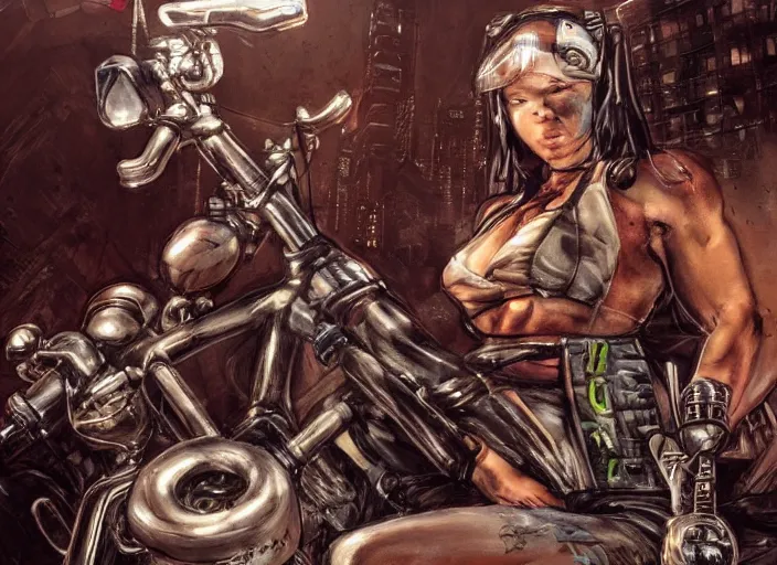 Image similar to a portrait of a female fitness model biker in a cyberpunk city art by Simon Bisley, Martin Emond, Sam Kieth, highly detailed artstation character concept art, full length character, sharp focus