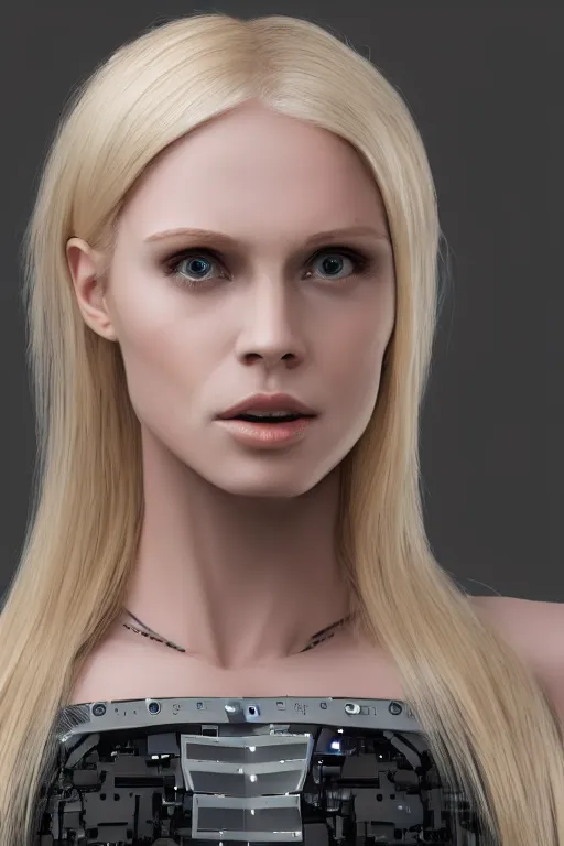 Image similar to robot with human face, female head, full body angle, woman human face, human face realistic, beautiful blonde hair, human head, human head with blonde hair, blonde hair human head, blonde hair, human realistic face, human head skin, cyborg frame concept, cyborg by ales-kotnik, sci-fi android female, the body is made of wires, robotic body, cyborg body, cyborg bust body, robot body cyborg, full body