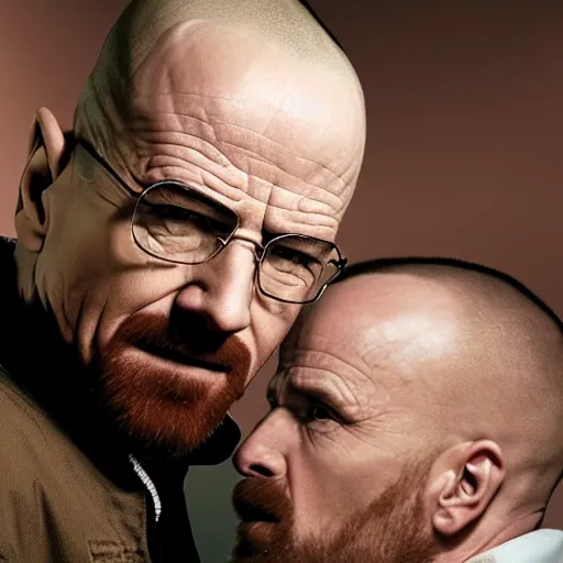 Prompt: a still from breaking bad of Jesse Pinkman kissing Walter White, close-up, highly detailed skin