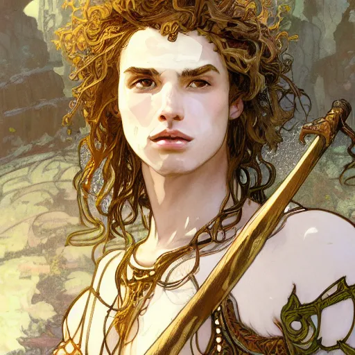 Prompt: portrait of a beautiful young fit male barbarian princess with curly hairs, glasses, wearing a fur armor, luminous scene, by elmore, greg rutkowski and alphonse mucha, d & d character, gradient white to yellow, in front of a ruined temple background, highly detailed portrait, digital painting, artstation, concept art, smooth, sharp focus ilustration, artstation hq