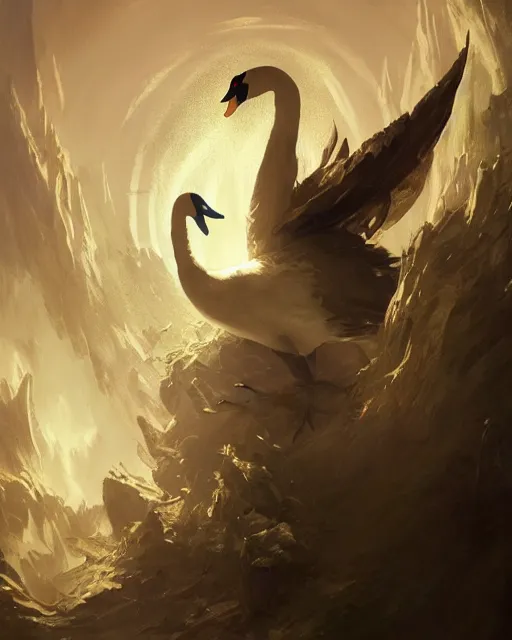 Image similar to Swan, Anthropomorphized, Magical, D&D, artstation, fantasy, magic the gathering artwork, cinematic lighting, centered, symmetrical, highly detailed, digital painting, , concept art, smooth, sharp focus, illustration, volumetric lighting, epic Composition, 8k, art by Akihiko Yoshida and Greg Rutkowski and Craig Mullins, oil painting, cgsociety