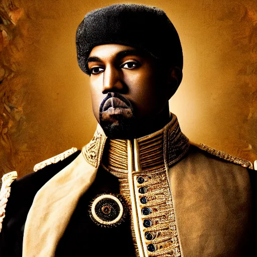 Image similar to Portrait of Kanye West as emperor napoleon, amazing splashscreen artwork, splash art, head slightly tilted, natural light, elegant, intricate, fantasy, atmospheric lighting, cinematic, photo realistic