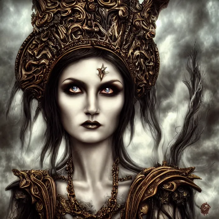 Prompt: perfectly centered portrait, close up, candid photography, goddess of death, by anne stokes, updo, highly detailed