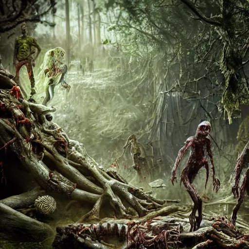 Prompt: zombies in a rain forest, hyper detailed, dramatic lighting, cgsociety, realistic, hyper detailed, insane details, intricate, dramatic lighting, hypermaximalist, golden ratio, rule of thirds, octane render, weta digital, micro details, ultra wide angle, artstation trending, 8 k,