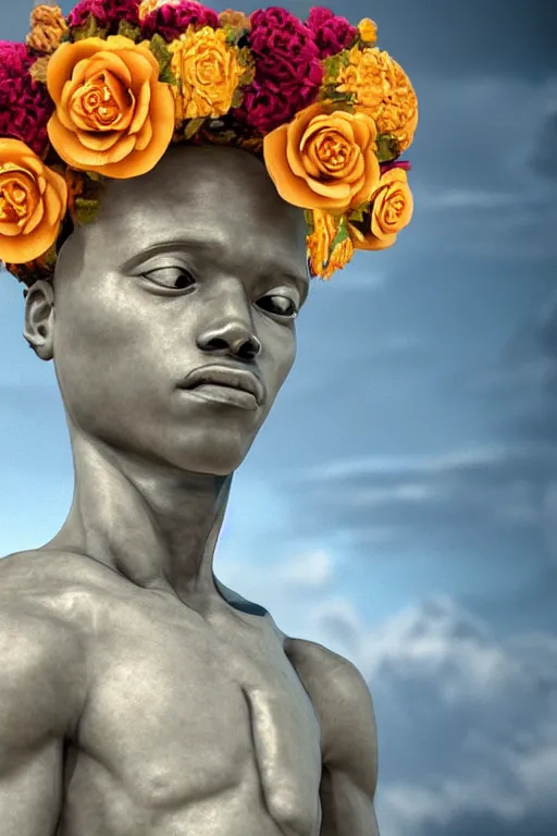 Image similar to milky quartz statue of a beautiful basquiat wearing a crown full of peach roses and reaching to the sky. rococo style scroll ribbon wirling across the sky, papyrus, background heavenly sky, marble, Trending on artstation. halo. octane render, cinematic, hyper realism, octane render, 8k, depth of field, 3D