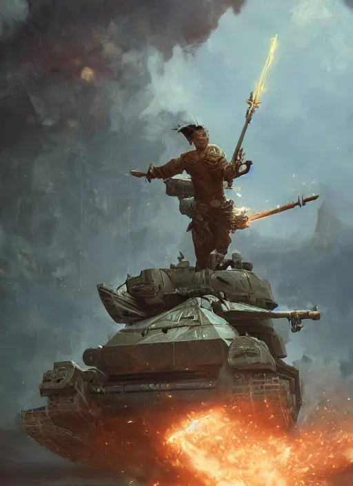 Image similar to side profile of a filipino man sitting on a tank holding a scepter eating popcorn, fantasy, digital painting, volumetric light, intricate, sharp, focus, bloom, illustration, highly detailed, concept art, matte, ruan jia, randy vargas, greg rutkowski