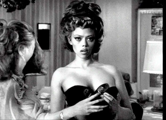 Image similar to movie still of scarlett johannson with a very big bust in goodfellas, directed by martin scorsese
