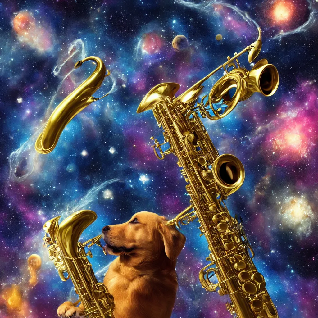 Prompt: dog playing saxophone jazz in space. High detail, 4k, planets, galaxy, nebula, trending on artstation, digital painting