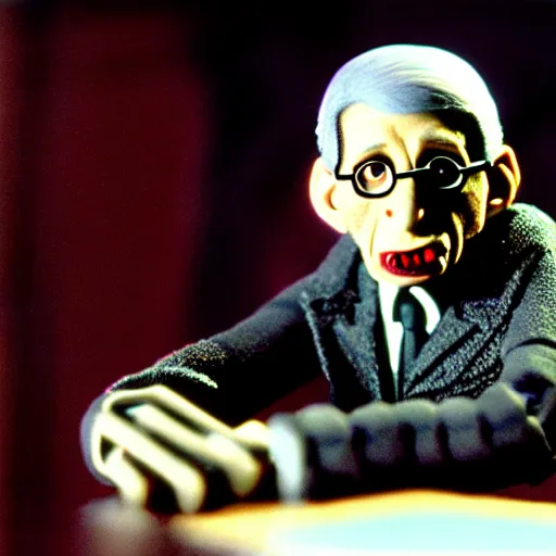 Image similar to claymation anthony fauci by klaus schwab, hyperrealistic, very detailed, tim burton, 3 5 mm film still, gothic, horror, eldritch