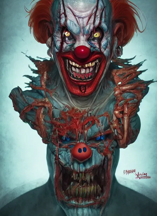 Image similar to evil horror clown, monster anatomy, ross tran, vivid colors, anatomical, highly detailed sculpture, intricate detailed, ommatidia, 8 k, cinematic atmosphere, post - processing