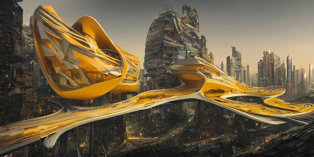 Image similar to a beautiful hyper realistic photograph, octane render, architectural render of utopia megaestrutura of cyberpunk, by norman foster + zaha hadid, extremely detailed, chartpak ad markers, pastel color, yellow and orange color scheme, 8 k,