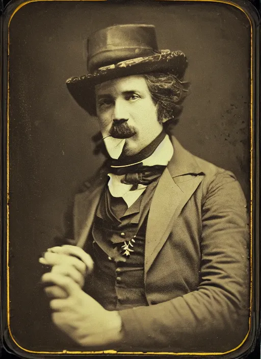 Image similar to old wetplate daguerreotype portrait of a fancy man with a hat and a cigar, explosion of data fragments, fractal, intricate, elegant, highly detailed, parallax, leica, medium format, subsurface scattering, by jheronimus bosch and greg rutkowski and louis jacques mande daguerre