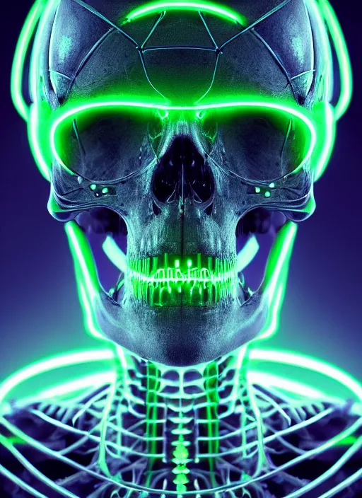 Image similar to extreme close up, portrait of a cyber skeleton, green glowing runes surrounding, exuding green energy runes, intricate, elegant, glowing lights, highly detailed, digital painting, artstation, concept art, smooth, sharp focus, illustration, art by wlop, mars ravelo and greg rutkowski