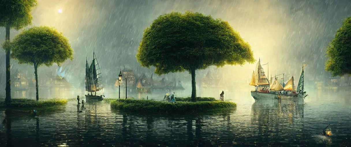 Image similar to cruising ship sailing at raining night at flooded miniature city, sun is on the rise on the town, cute style garden, octane render, trees, evergreen, patio, garden, wet atmosphere, tender, soft light misty yoshitaka amano, and artgerm, gediminas pranckevicius