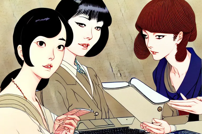 Image similar to portrait of two wise and very beautiful women discussing some texts appearing in a computer screen, art by satoshi kon, intricate, elegant, highly detailed, smooth, sharp focus, artstation