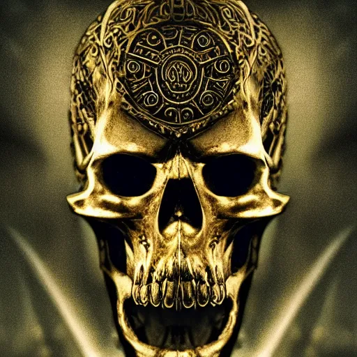 Image similar to ominous chiaroscuro baroque cinestill poster of a golden skull intricately decorated with ancient runic inscriptions and prophecy engravings. dramatic ray of light, octane render by elden ring, ominous dark background. deep aesthetics, ( lord of the rings : the return of the king 2 0 0 3 )