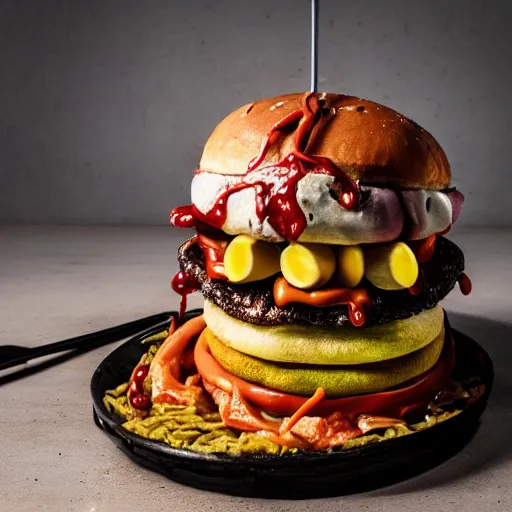 Image similar to a humanoid bipedal upright zombie that strongly resembles a hamburger, professional food photography