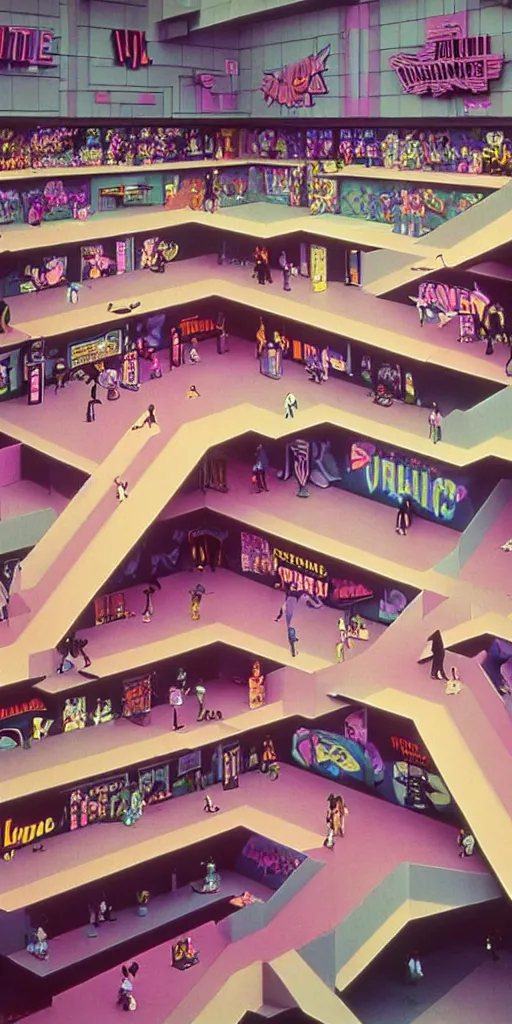 Image similar to huge sprawling angular dimension of infinite 8 0 s mall interior. liminal space, surrealism, mallsoft, vaporwave. muted colors, 8 0 s pop culture, food court, shot from above, endless, neverending epic scale by escher and ricardo bofill