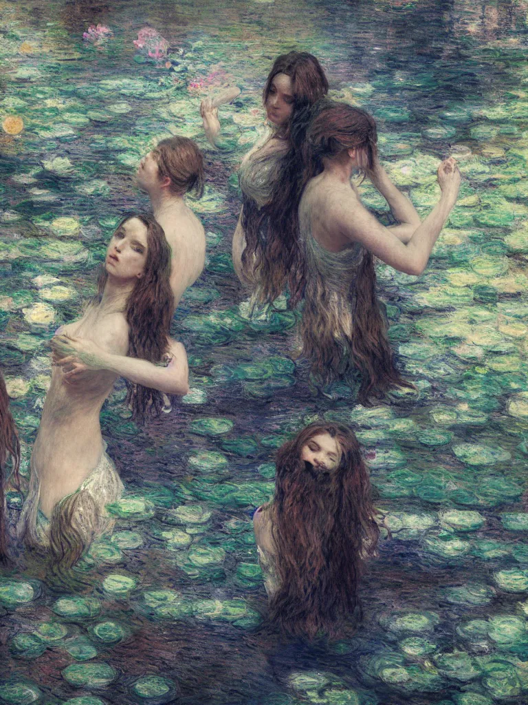 Image similar to illustration studio portrait of three dark beautiful mermaids female energy in artistic poses in the river at the forest, monet painterly motives and textures pattern, hyper detailed, octane render, vivid colors, artstation, by jeremy mann, by alphonse mucha, by monet