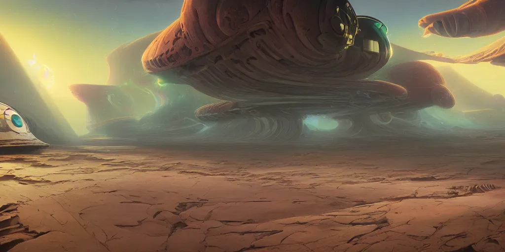 Image similar to the sands of time, a highly detailed cinematic oil painting by roger dean and alena aenami, crashed spaceship!!, dynamic lighting