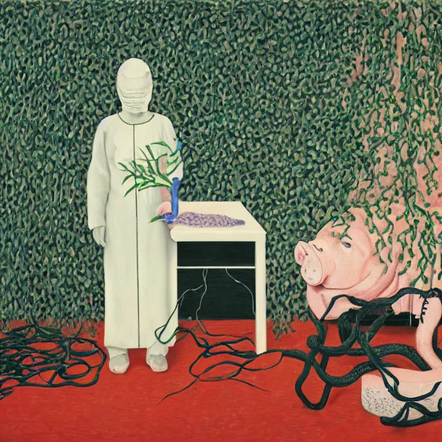 Image similar to a female pathology student in her apartment, wrapped in vines, medical equipment, stepping stones, octopus, first aid kit, pig, black walls, ikebana, black armchair, sculpture, acrylic on canvas, surrealist, by magritte and monet