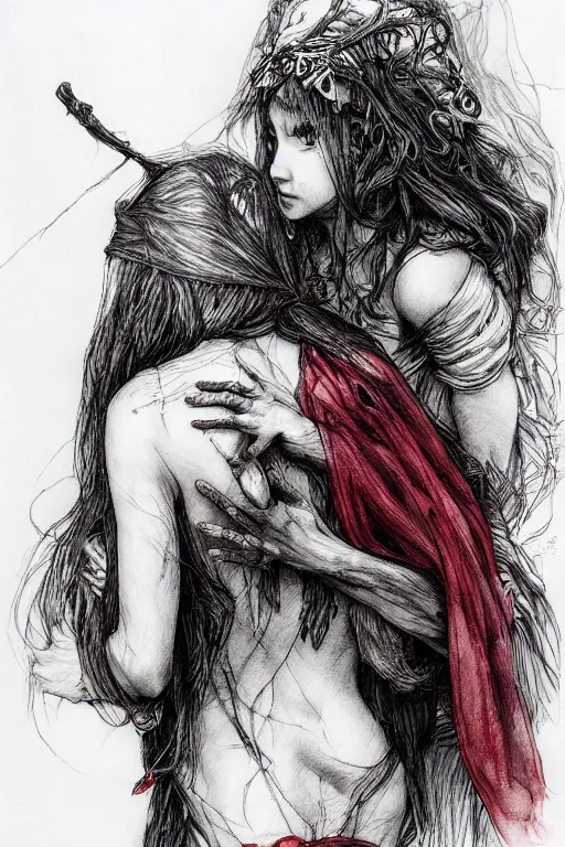 Image similar to portrait of a beautiful little red riding hood sobbing, tears run down her cheeks, as a terrifying werewolf emerges from her back, pen and ink, intricate line drawings, by Yoshitaka Amano, Ruan Jia, Kentaro Miura, Artgerm, watercolor