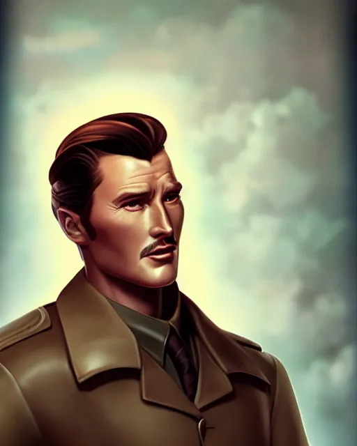 Image similar to Errol Flynn as a scientist. 1980s dystopian Soviet Russia, propaganda screens. Unreal engine, fantasy art by Lois van Baarle. Faithfully depicted facial expression, perfect anatomy global illumination, radiant light, detailed and intricate environment