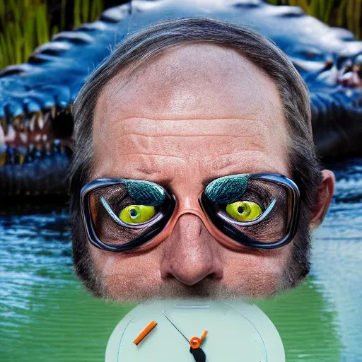 Image similar to man's face with clocks covering his eyes, looking at the camera walking near lake with crocodiles, high detail, soft lighting, intricate, 8 k