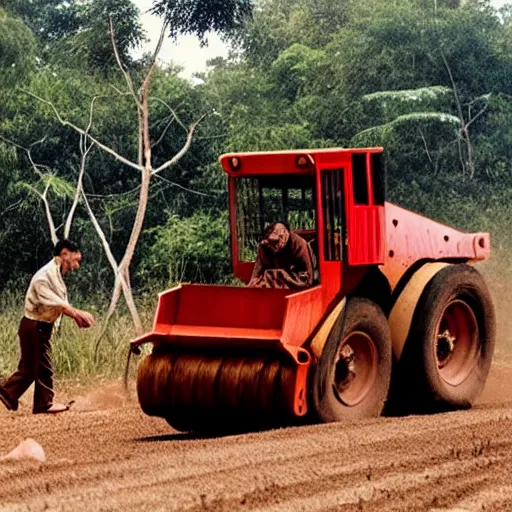 Image similar to a preacher with short cropped hair and a widows peak driving a small red bulldozer through the jungle while a wolfman runs along beside him