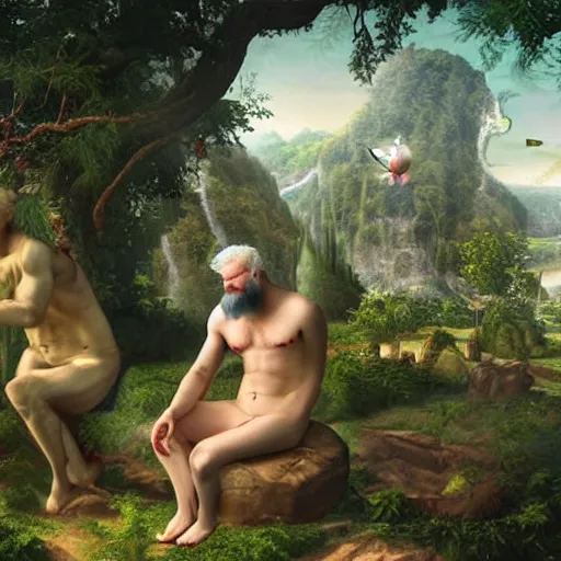 Prompt: white - bearded, god, contemplating adam and eve's future, in the garden of eden - sorcerer, detailed, futuristic, photo - realistic, digital art