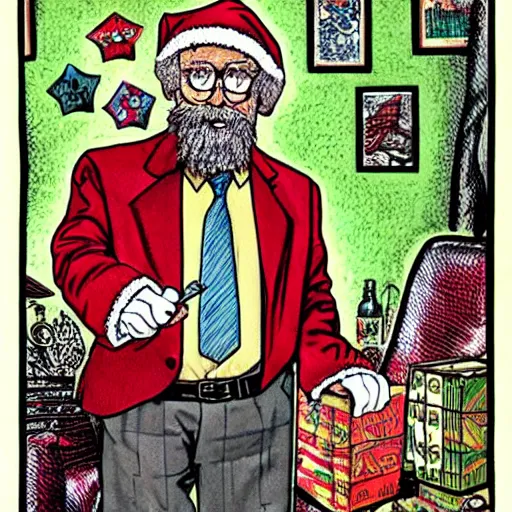 Image similar to The Artwork of R. Crumb and his Cheap Suit Santa Claus tells you to be good , pencil and colored marker artwork, trailer-trash lifestyle