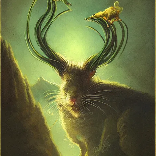 Prompt: Rat king of the mountains, gold and green, portrait, by Anato Finnstark, Tom Bagshaw, Brom