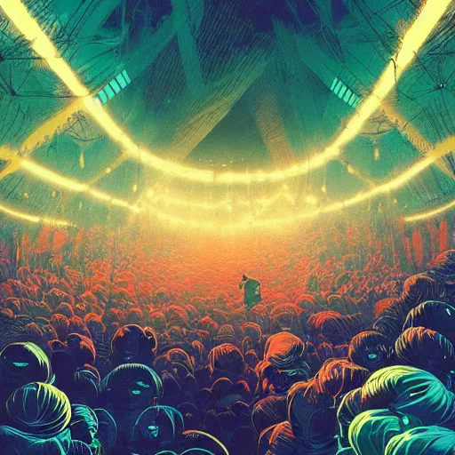 Prompt: warehouse rave at the docks at twilight glowsticks epic scene, by victo ngai, kilian eng vibrant colours, dynamic lighting, digital art, winning award masterpiece, fantastically beautiful, illustration, aesthetically inspired by beksinski and dan mumford, trending on artstation, art by greg rutkowski, 8 k