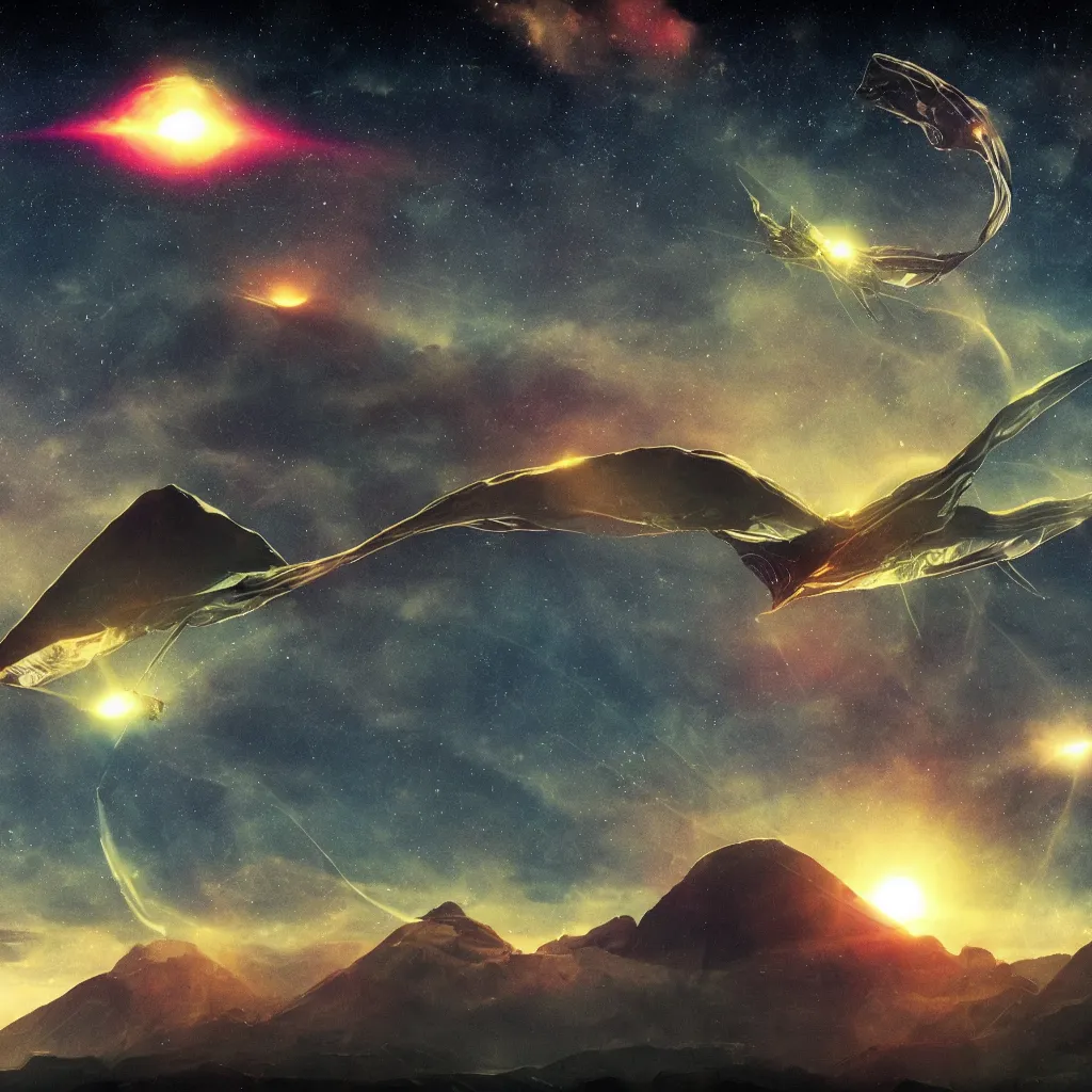 Prompt: organic alien pterodactyl mothership with searchlights flying over a mountainous alien landscape with visible planets in the sky, refraction, reflections, chromatic aberration, light scatter, ray tracing, dramatic sci-fi movie still, high contrast, thrilling, awe inspiring, stunning