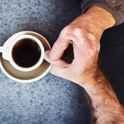 Prompt: time stop photo of man stumble and drop all his coffe food