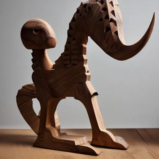 Image similar to wooden sculpture of a viking and a dinosaur, polished maple, thoughtful, elegant, real