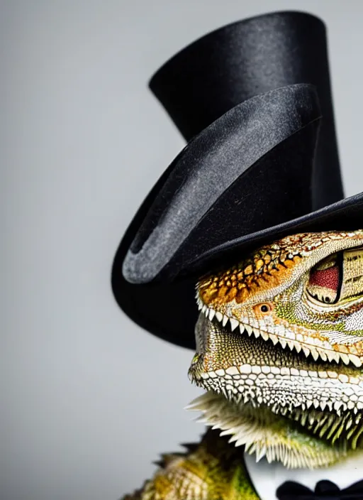 Image similar to dslr portrait still of a bearded dragon wearing a top hat and bow time, 8 k 8 5 mm f 1. 4