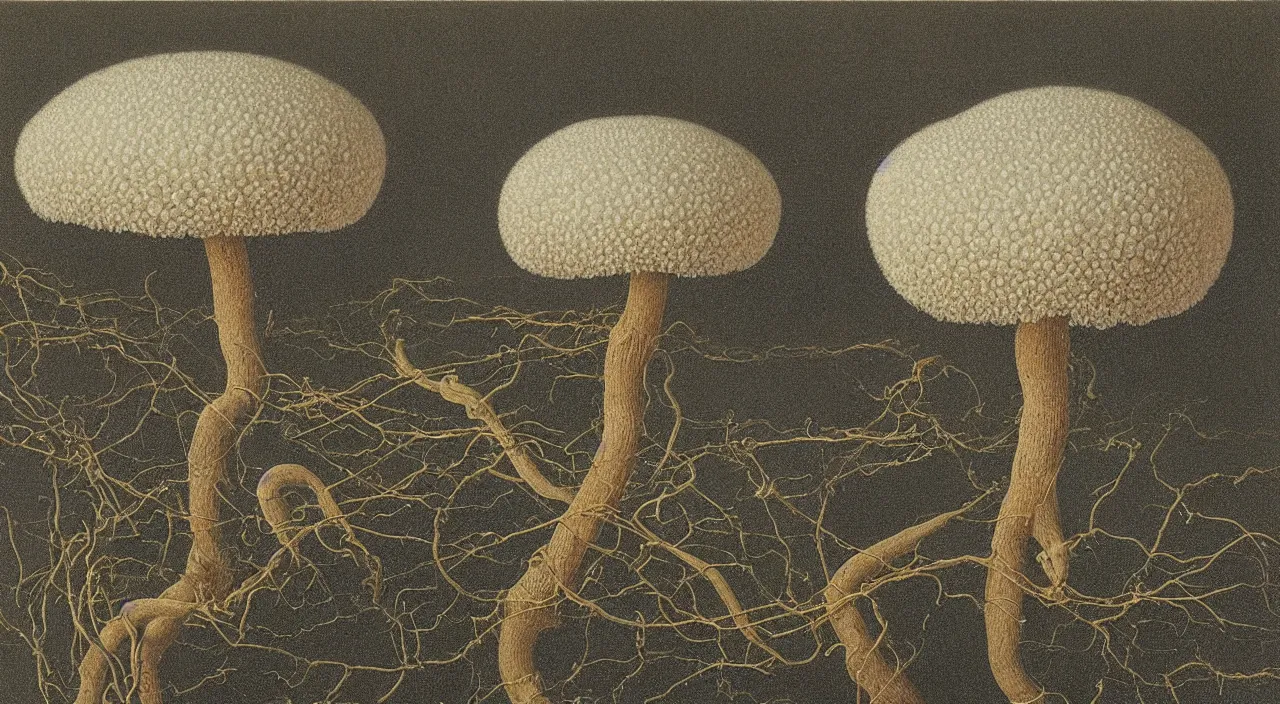 Image similar to a single fungus white! clear empty sky, a high contrast!! ultradetailed photorealistic painting by jan van eyck, audubon, rene magritte, agnes pelton, max ernst, walton ford, andreas achenbach, ernst haeckel, hard lighting, masterpiece