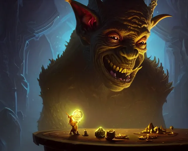 Prompt: a 4 k cinematic screenshot still portrait of a goblin in a dark liminal space room surrounded by gold, deep focus, d & d, fantasy, intricate, elegant, highly detailed, digital painting, art station, concept art, matte, sharp focus, illustration, dark fantasy style art, hearthstone, art by artgerm and greg rutkowski and alphonse mucha