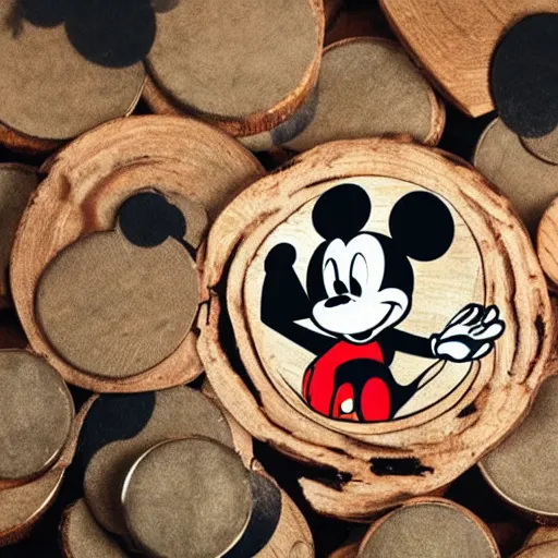 Prompt: mickey mouse laying down with arms crossed on a pyre of wood with coins over their eyes