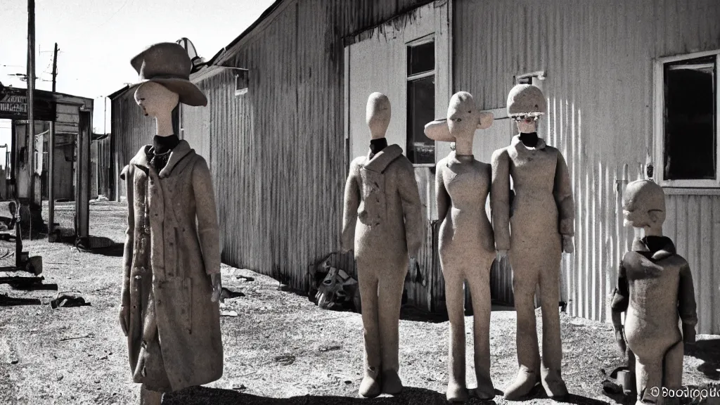 Prompt: Doomtown nuclear town, mannequin family dressed in late 50\'s clothing, eerie, dystopian, grain film