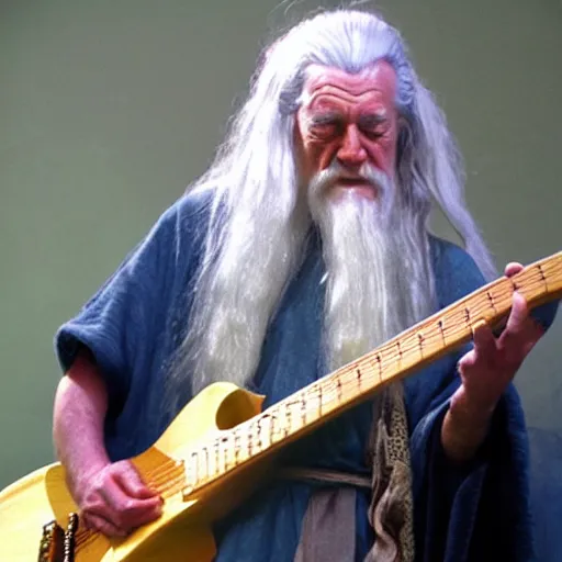 Image similar to gandalf playing the guitar on stage