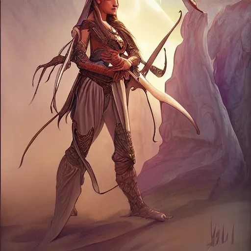 Image similar to Emeth the elven desert bandit. Arabian style. Epic portrait by james gurney and Alfonso mucha (lotr, witcher 3, dnd, dragon age, gladiator, scoia'tael).