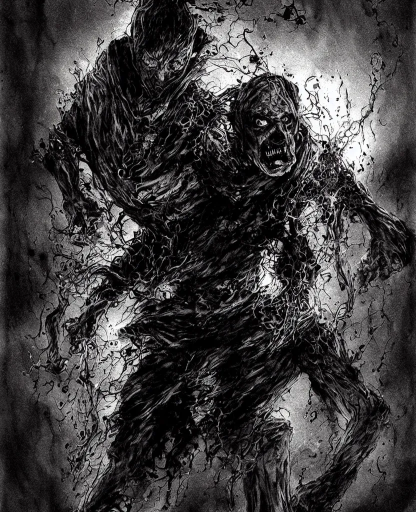 Image similar to a singed scary man with fire bursting out of him, dark colors, sinister atmosphere, dramatic lighting, cinematic, establishing shot, extremely high detail, photo realistic, cinematic lighting, pen and ink, intricate line drawings, by Yoshitaka Amano, Kentaro Miura, Artgerm, post processed, concept art, artstation, matte painting, style by eddie mendoza, raphael lacoste, alex ross