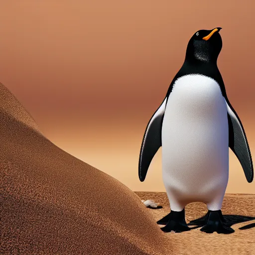 Prompt: pooping Penguin in the desert, Pyjama british Air force Officer, octane render, unreal engine, 8k high definition