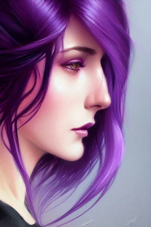 Prompt: Purple hair, creative colouring Portrait of woman face profile, fashion, coloured strands of hair, intricate, elegant, highly detailed, digital painting, artstation, concept art, smooth, sharp focus, illustration, art by artgerm and greg rutkowski and alphonse mucha
